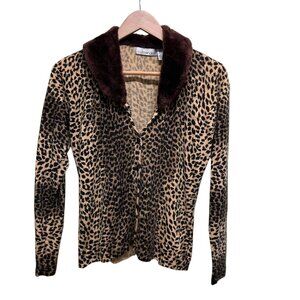 Outlander Brown Faux Fur Animal Print Button Front Cardigan Size M